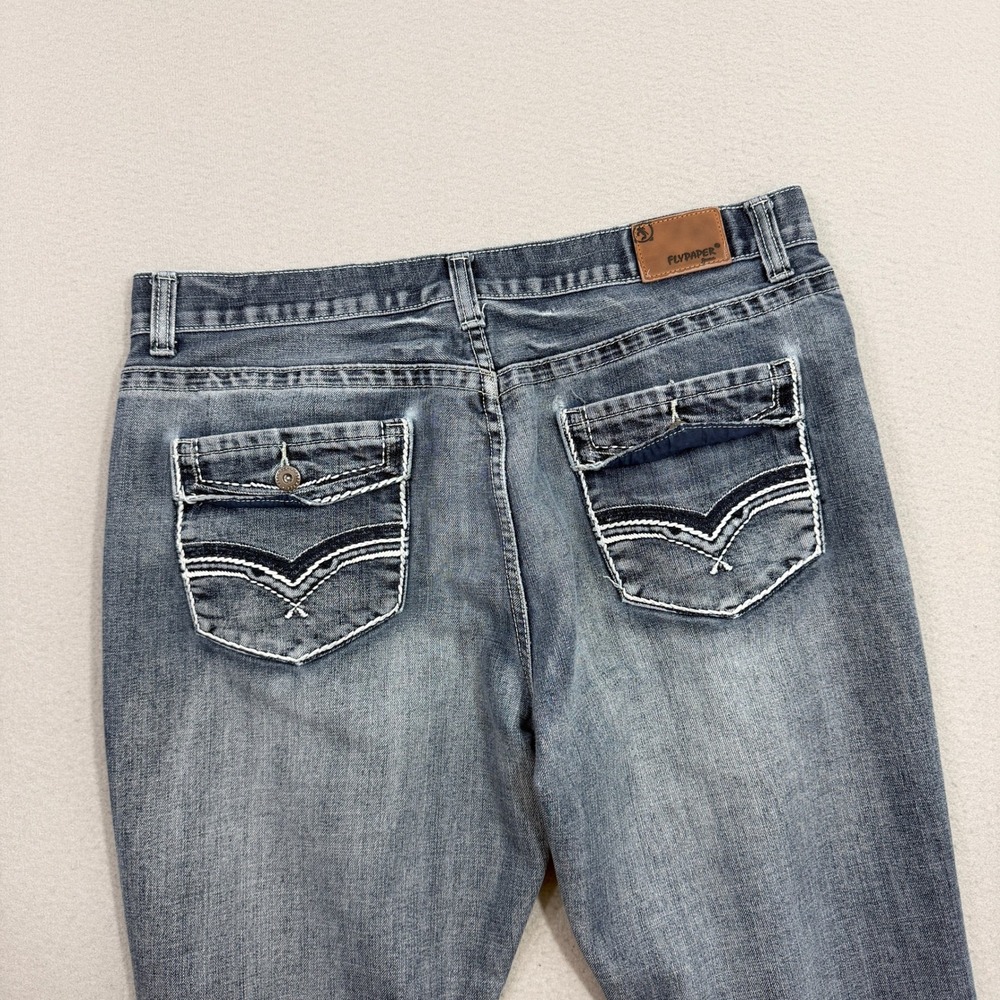 Vintage Flypaper Embroidered Bootcut Jeans Men's 38x32 Blue Denim Stitch Y2K